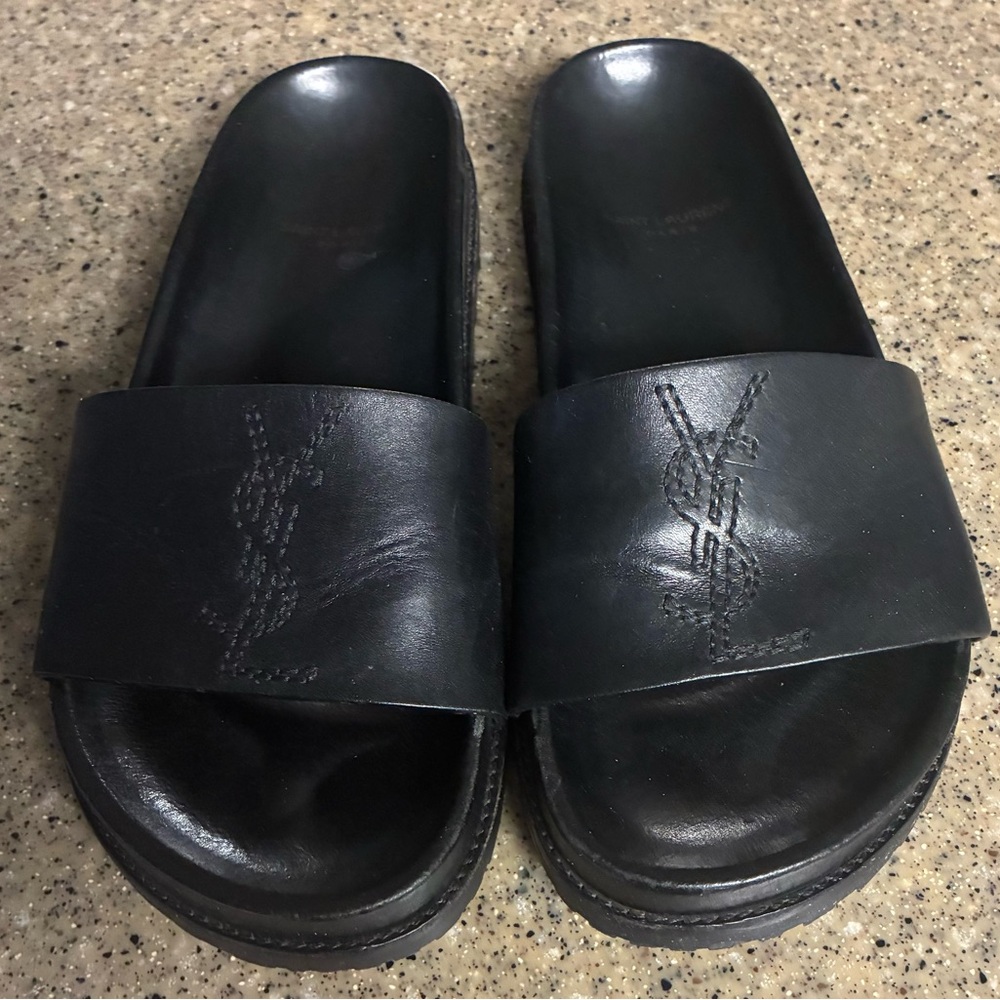 Gently Worn Black Yves Saint Laurent Women’s Leather Slide Sandals.
